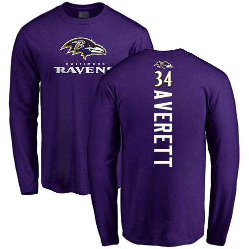 Men Baltimore Ravens Purple Anthony Averett Backer NFL Football #34 Long Sleeve T Shirt->nfl t-shirts->Sports Accessory